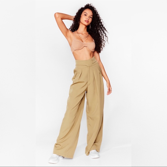 NWT Nasty Gal Khaki High-Waisted Wide-Leg Pants - Picture 3 of 9